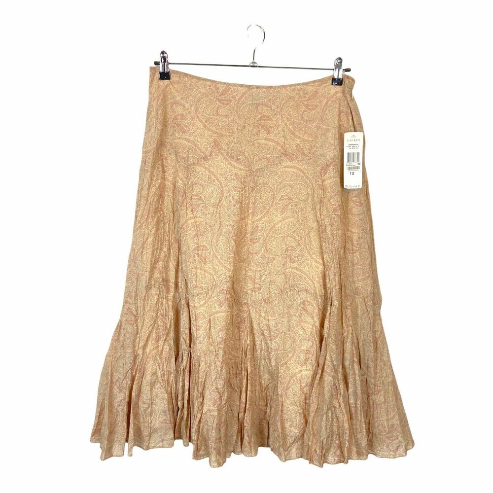 Lauren Ralph Lauren Skirt Old Money Tan Pink Paisley Size Zip Flutter Trumpet 12